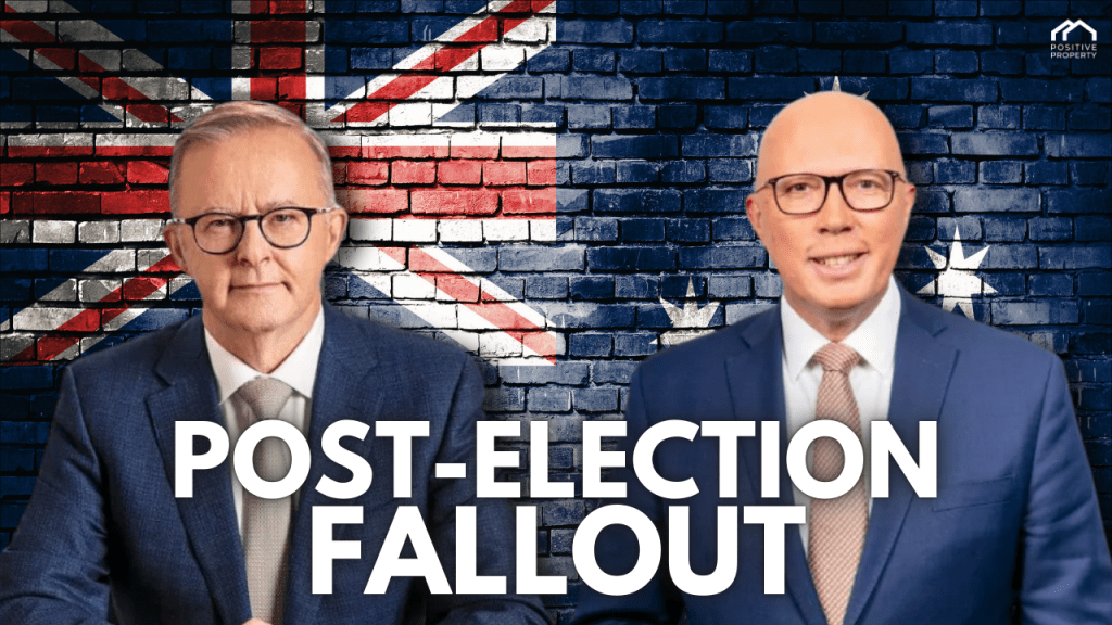 Two Australian politicians in front of a brick wall with the Australian flag, text overlay reads “Post-Election Fallout”