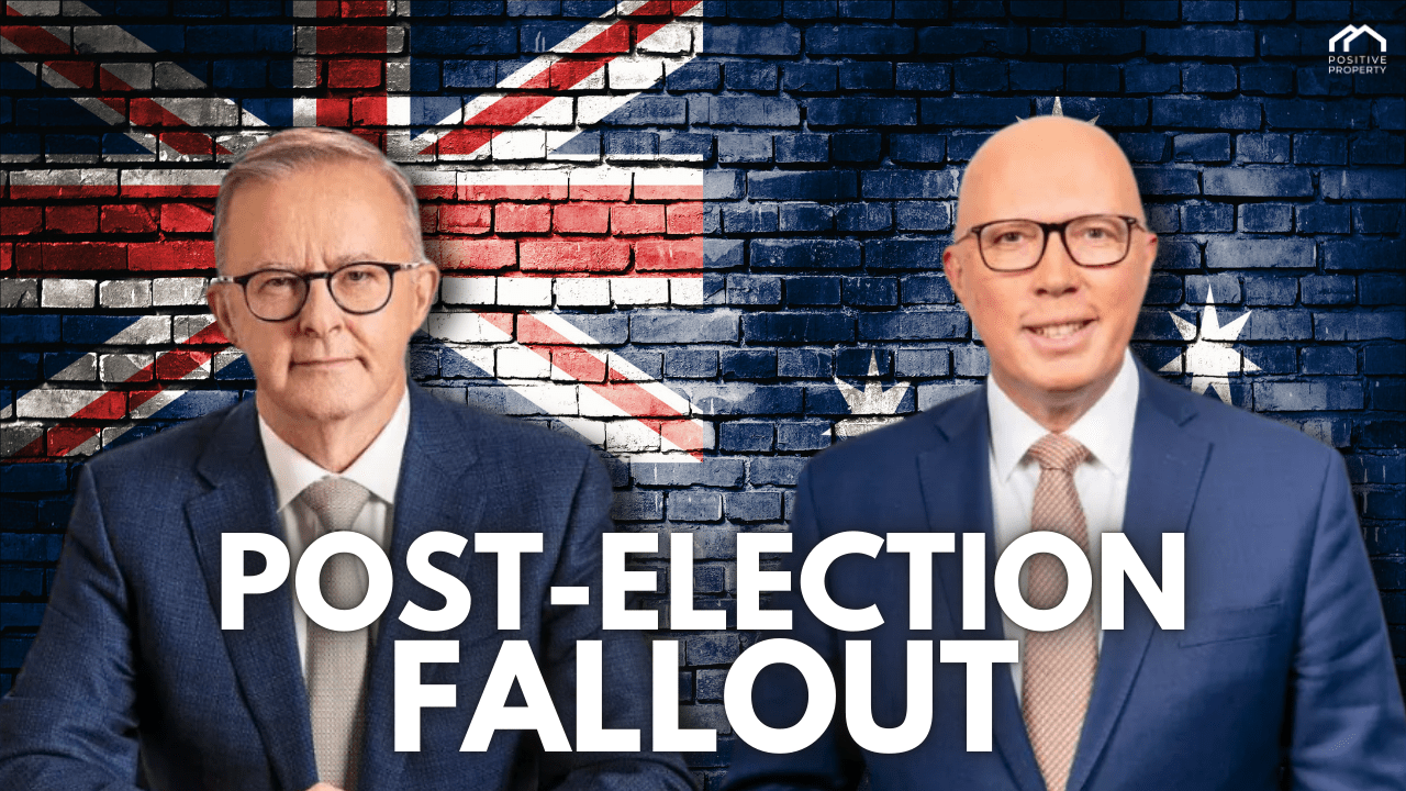 Two Australian politicians in front of a brick wall with the Australian flag, text overlay reads “Post-Election Fallout”