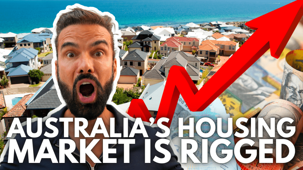 Shocked man in front of Australian homes and red rising arrow, symbolising housing affordability crisis with text “Australia’s Housing Market is Rigged”