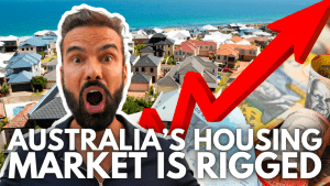 Shocked man in front of Australian homes and red rising arrow, symbolising housing affordability crisis with text “Australia’s Housing Market is Rigged”