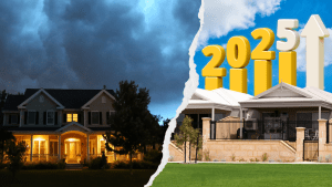 Split-image of stormy skies over a house and a bright sunny day with rising 2025 property graph, representing the shift in the Australian property market.