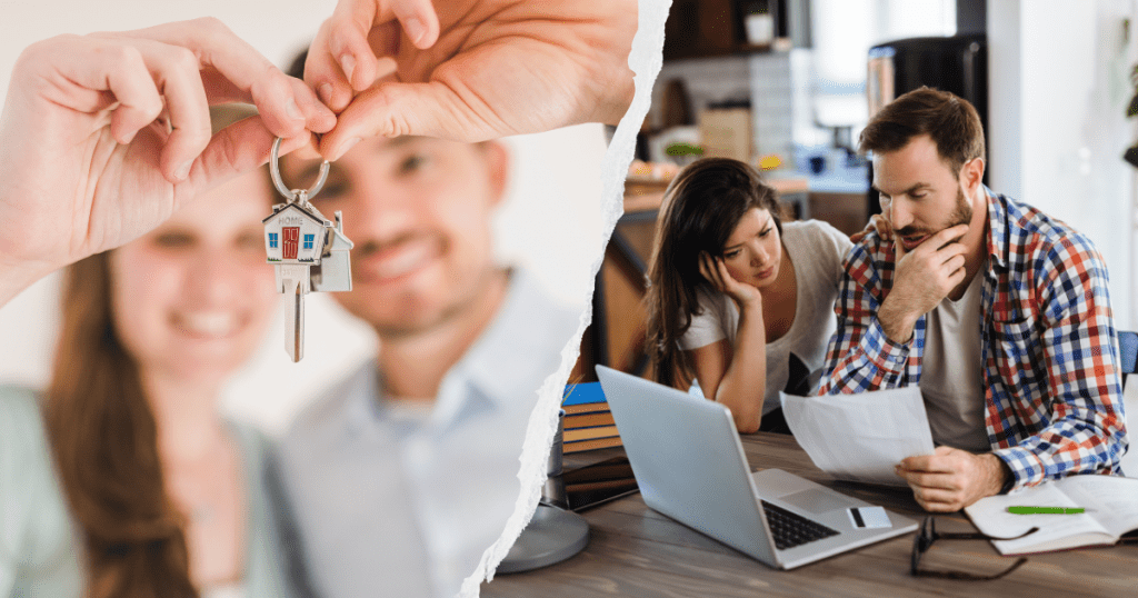 Split image of happy homeowners receiving keys and a couple reviewing property data on a laptop.