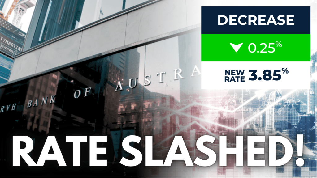 Reserve Bank of Australia building with announcement of 0.25% rate cut, new rate set at 3.85%