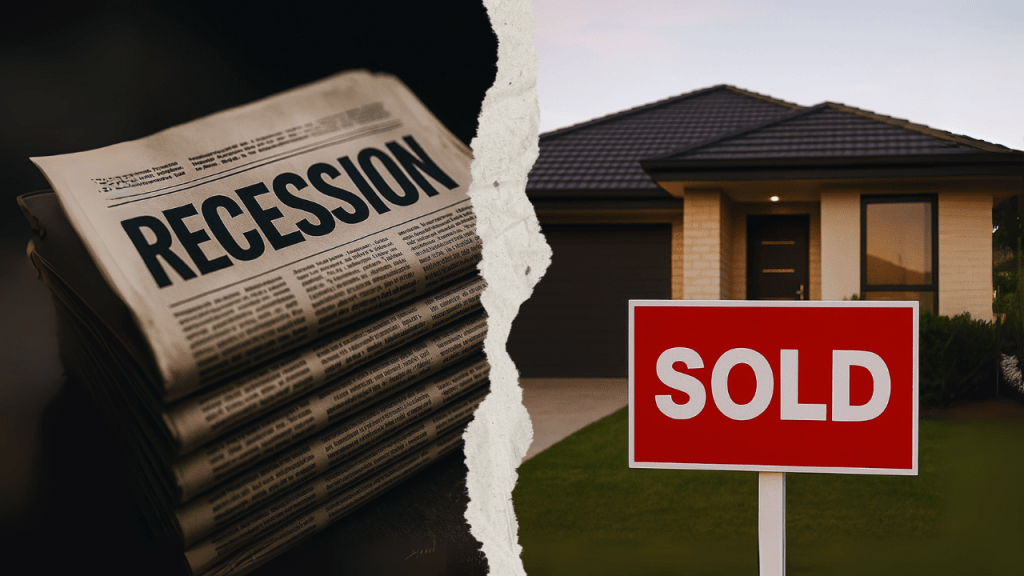 Newspaper headline “Recession” next to a house with “SOLD” sign, symbolising buying property before the crash.