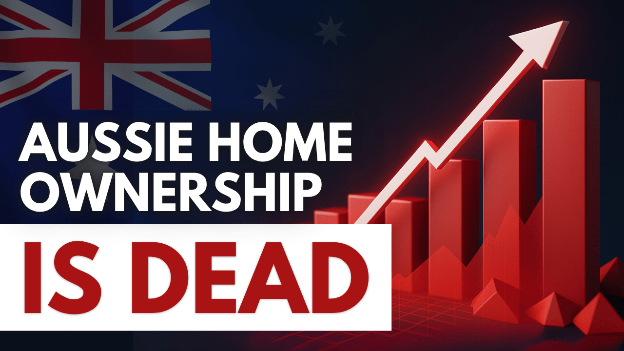 Bar graph rising with Australian flag in the background and bold text reading “Aussie Home Ownership Is Dead” – symbolising the housing crisis in Australia.
